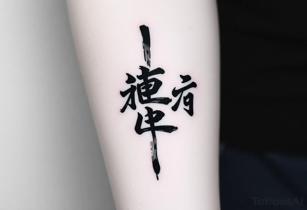 A black and gray tattoo design featuring the Japanese kanji 成長 (growth) and 忍耐 (perseverance), arranged vertically in bold brushstroke ink style. Surround the kanji with subtle martial arts symbolism, like a BJJ belt or grappling figures in motion. Incorporate inspirational energy similar to Kobe Bryant’s Mamba Mentality or Stephen Curry’s faith and discipline, reflected through minimalist elements like a subtle basketball silhouette or flame. The design should feel powerful, clean, and philosophical tattoo idea