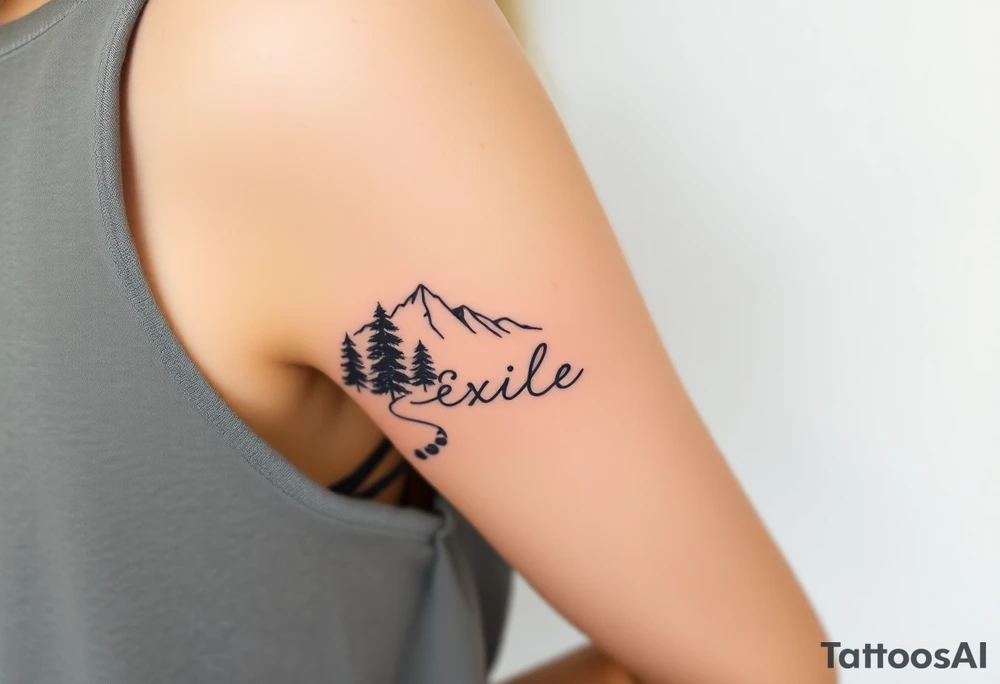 A path in the woods with mountains in the background, the word "Exile" blended in the drawing tattoo idea