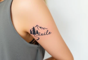 A path in the woods with mountains in the background, the word "Exile" blended in the drawing tattoo idea