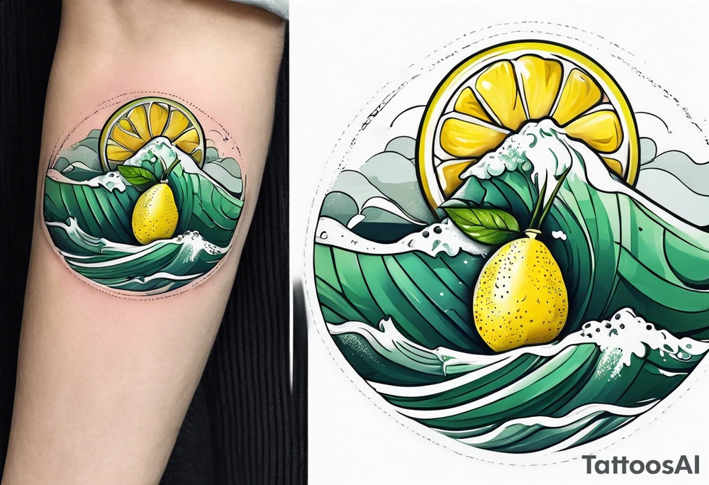 A lemon-Buoy with a green leaf-flag on waves tattoo idea