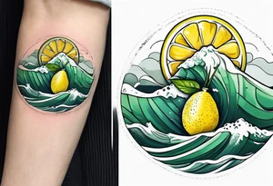 A lemon-Buoy with a green leaf-flag on waves tattoo idea
