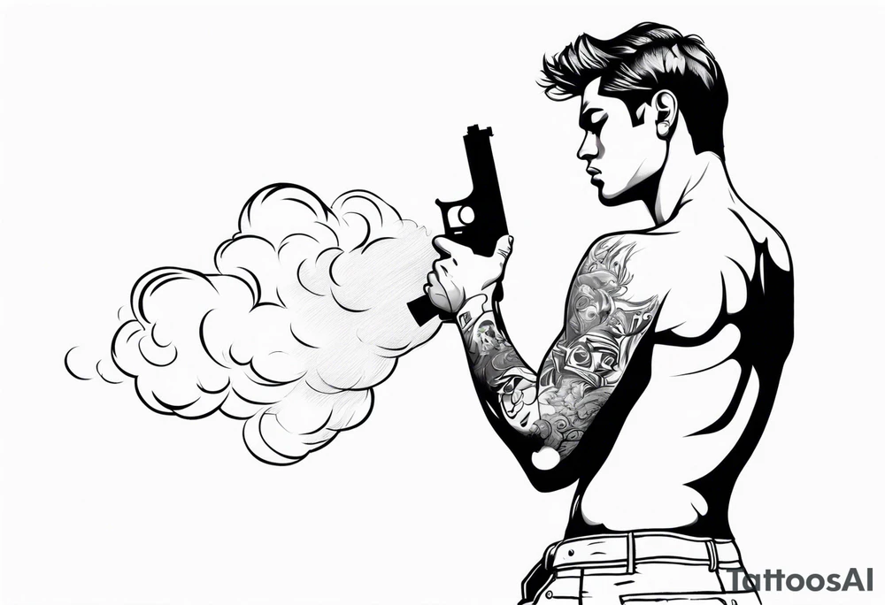 sexy man in mini boy shorts holding gun blowing smoke tattoo idea