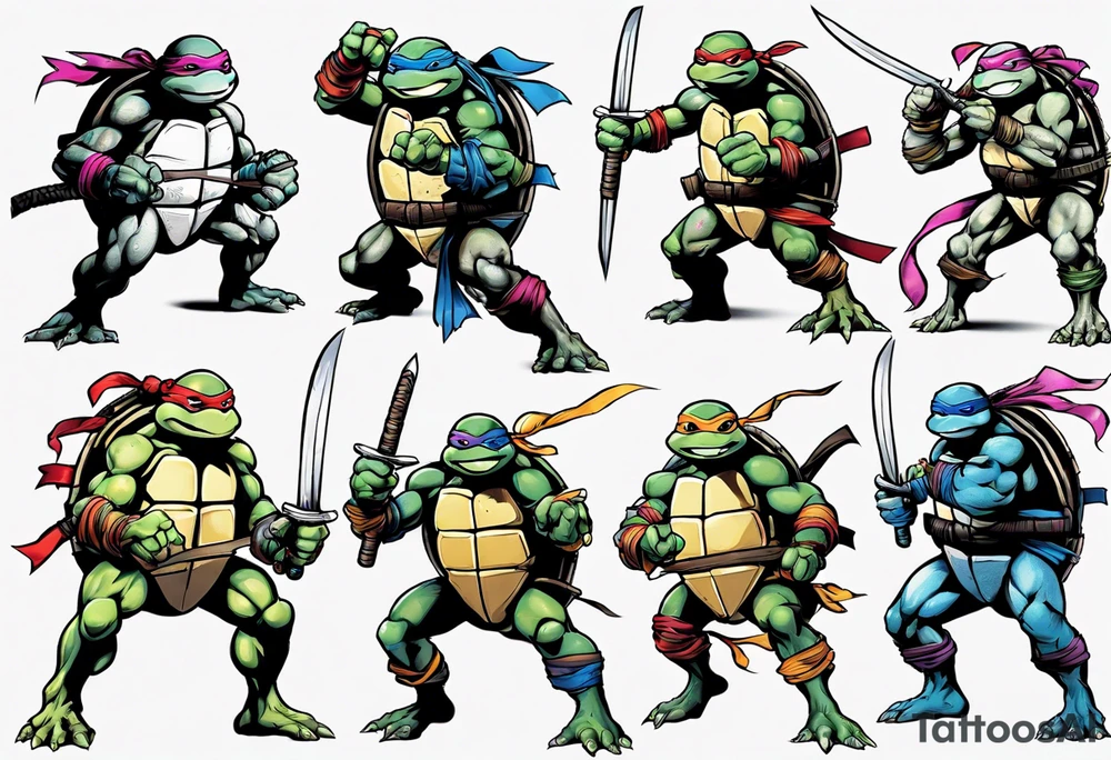 teenage mutant ninja turtles fighting in a city with floral accents tattoo idea