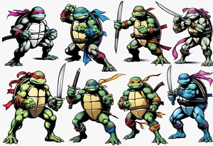 teenage mutant ninja turtles fighting in a city with floral accents tattoo idea