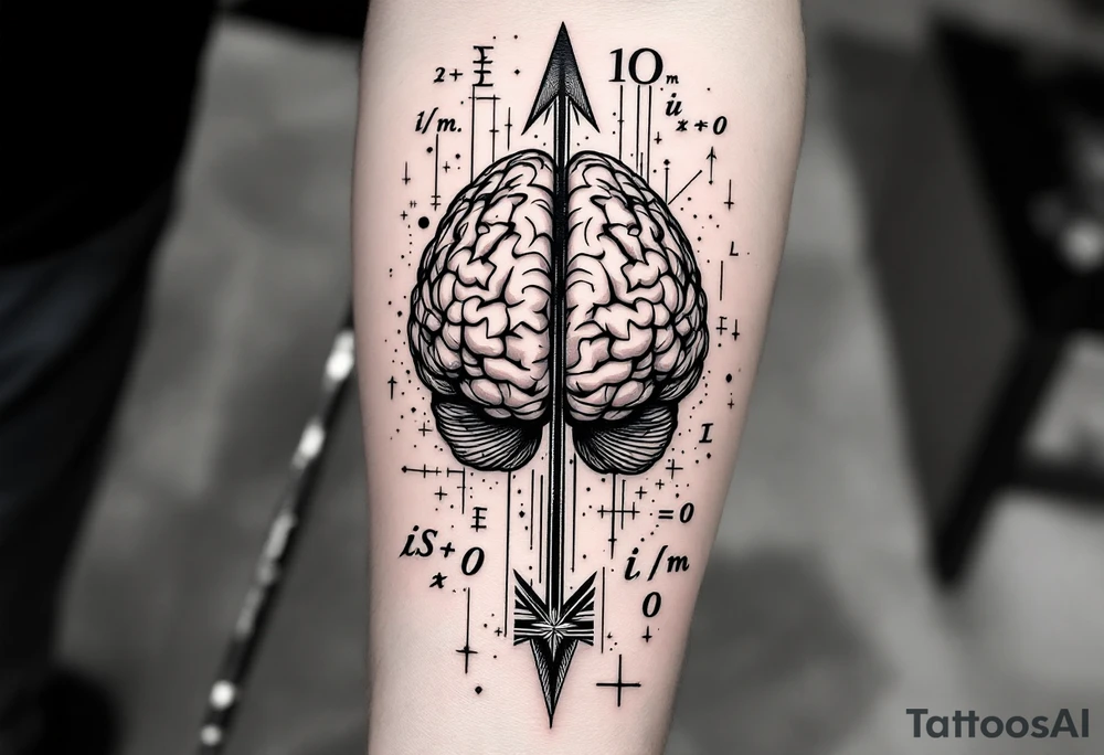 A vertical front-seen brain in geometric and straight lines, math symbols arround. A detailed arrow crosses from below and exit from the top, with its tip desintegrating to represent entropy and watercolor stains spilled from the arrow. Around of the main tattoo, math and physics formulas, including the formulas "ΔS ≥ 0" and "(iδ + m) Φ = 0" tattoo idea