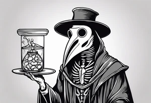 plague doctor with a skeleton hand holding medicine tattoo idea