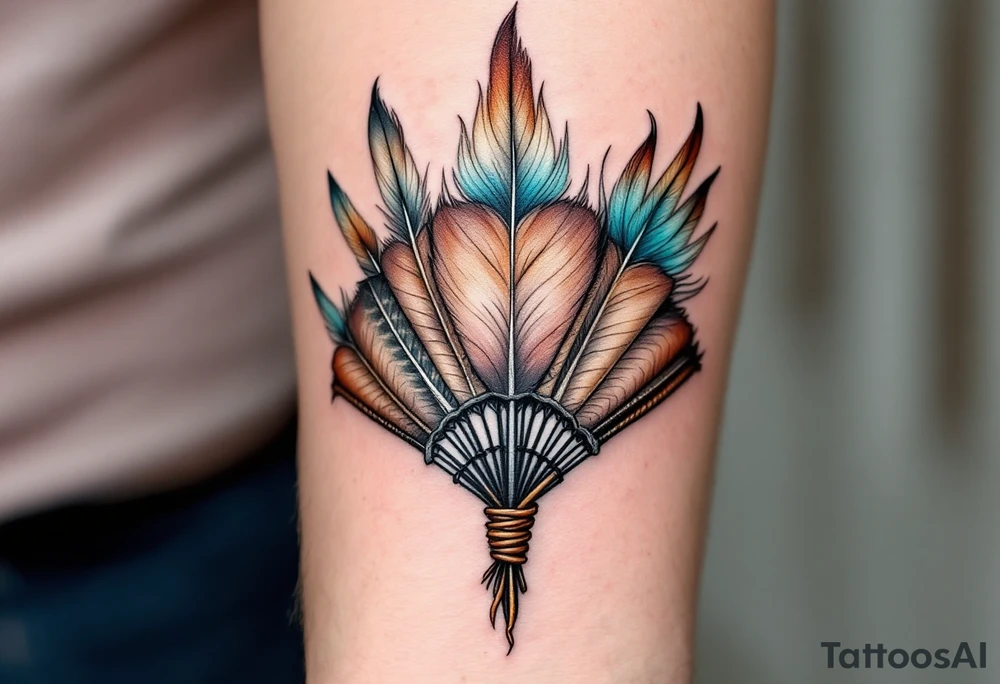 A tribal feather fan in brown, white, and turquoise, held together by leather bindings. tattoo idea