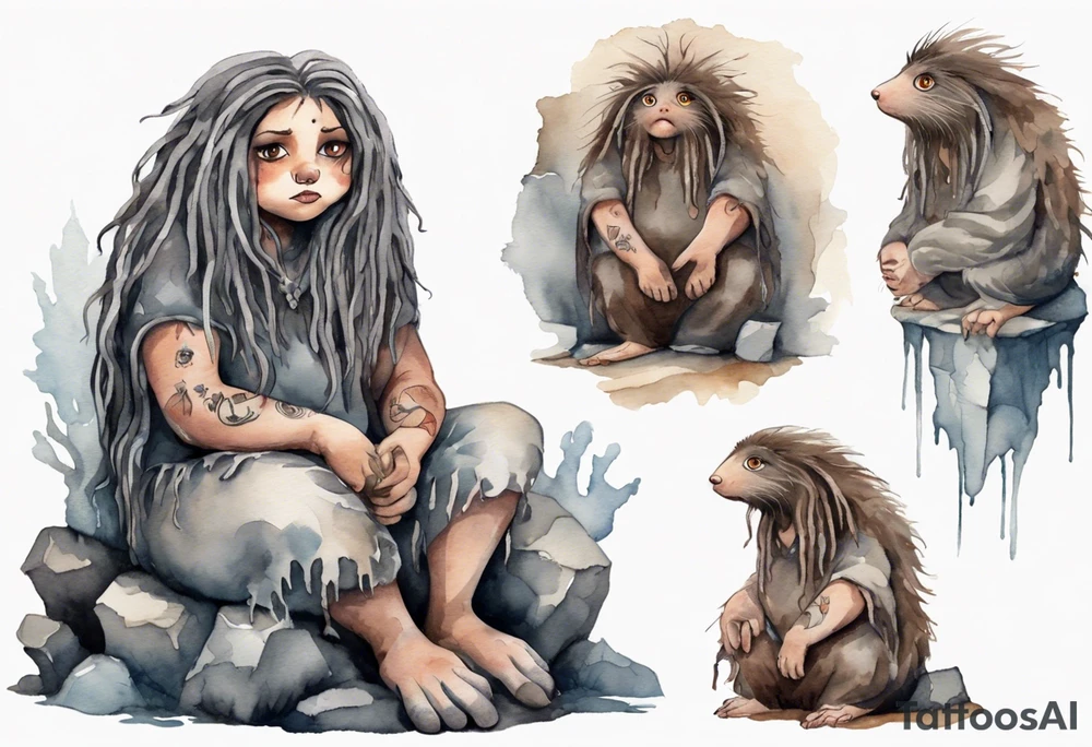 a solitary plump mole woman with large round eyes, covered in grey fur with messy brown dreadlocks sitting in stone throne in a cave tattoo idea