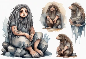 a solitary plump mole woman with large round eyes, covered in grey fur with messy brown dreadlocks sitting in stone throne in a cave tattoo idea