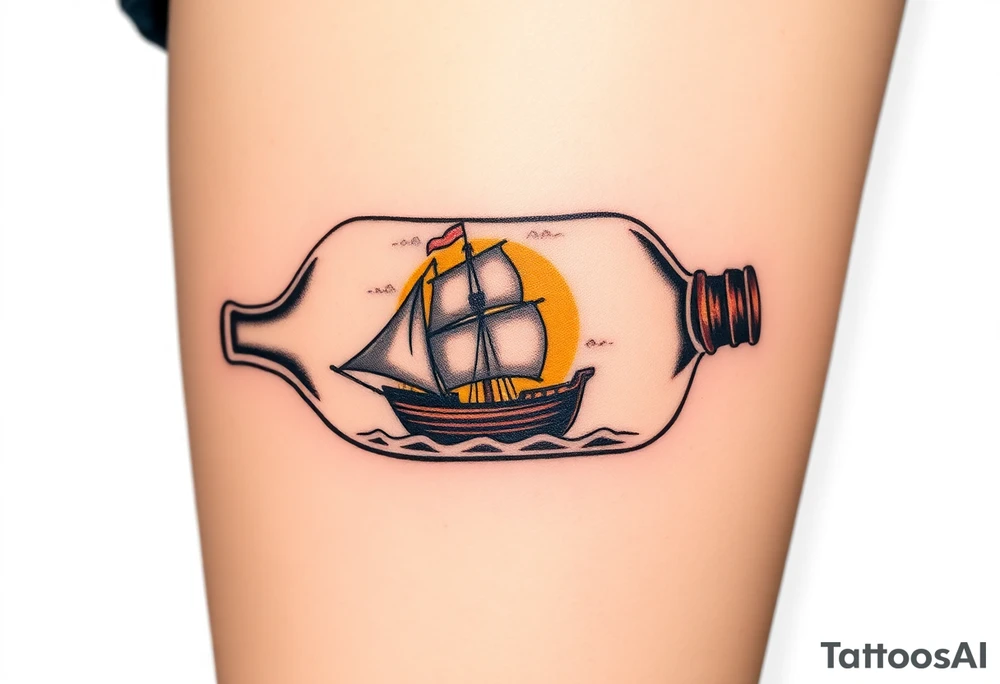 A bottle with a tiny ship trapped inside, representing the Black Pearl, with golden sunlight reflecting off the glass tattoo idea