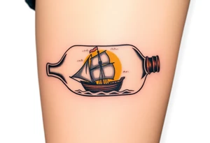 A bottle with a tiny ship trapped inside, representing the Black Pearl, with golden sunlight reflecting off the glass tattoo idea