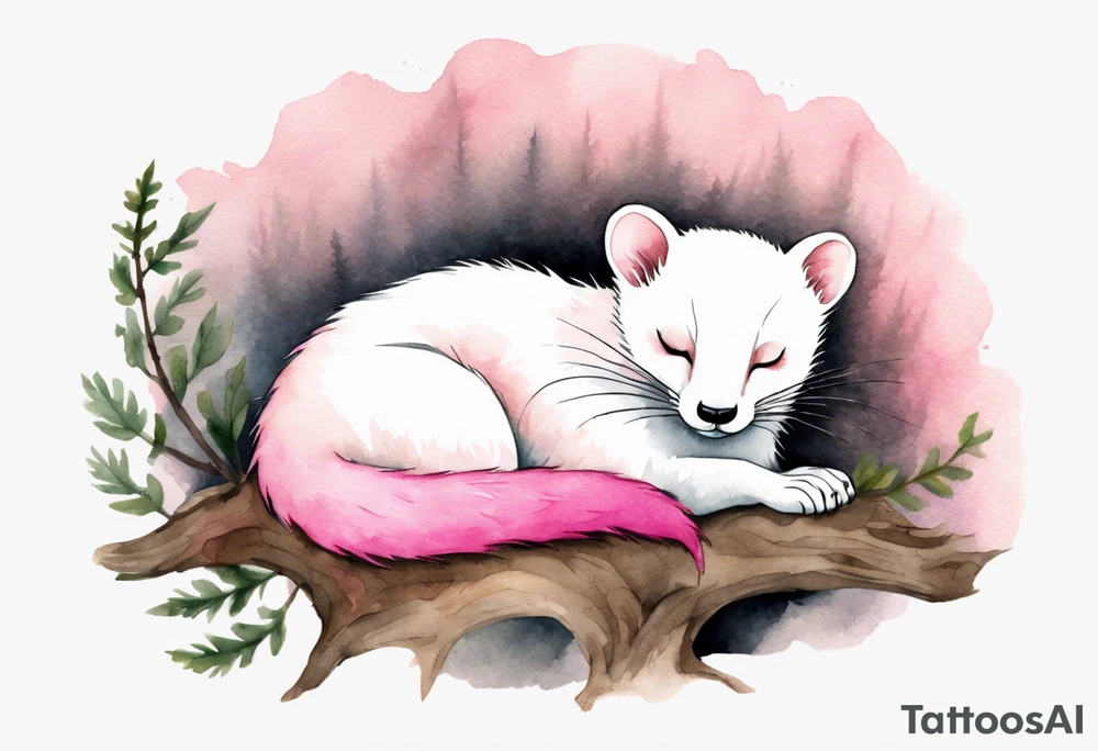 watercolor of an ermine covered in pink fur sleeping in a forest tattoo idea
