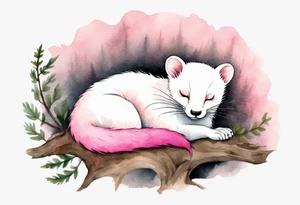 watercolor of an ermine covered in pink fur sleeping in a forest tattoo idea