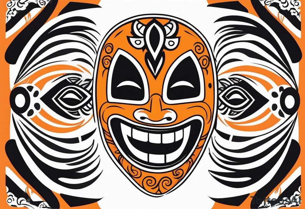 Laughing Mexican mask that is orange and black simplistic tattoo idea