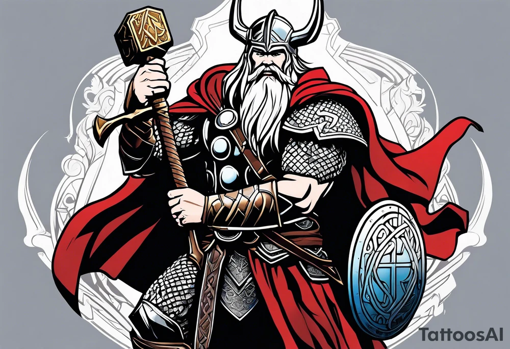 Thor in color with him holding mjolnir and a vignette of viking rune design tattoo idea