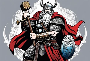 Thor in color with him holding mjolnir and a vignette of viking rune design tattoo idea