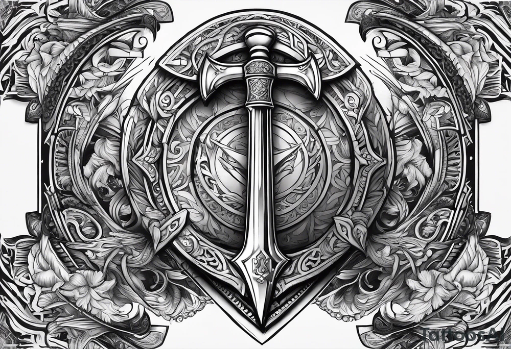 Valhalla sword shield stairs axe tattoo idea