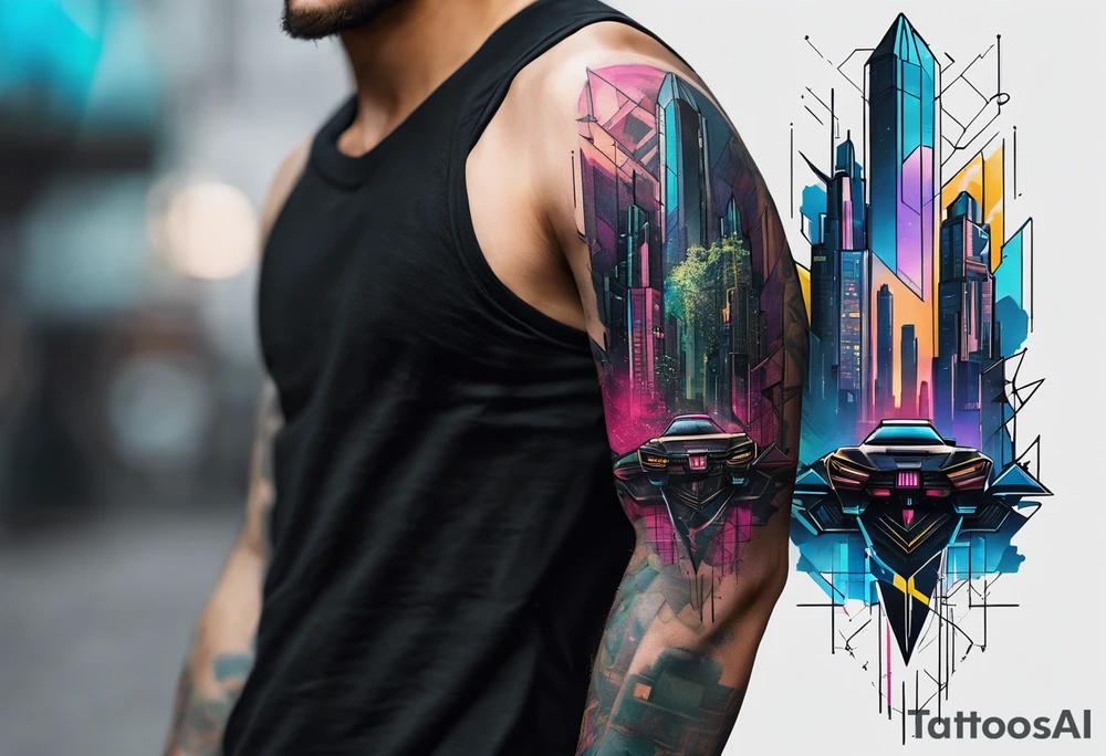 cyberpunk 2077, forearm tattoo, geometric, subtle, men, city skyline, 4k tattoo idea