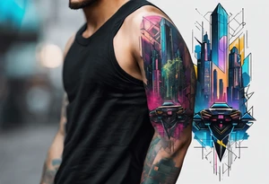 cyberpunk 2077, forearm tattoo, geometric, subtle, men, city skyline, 4k tattoo idea