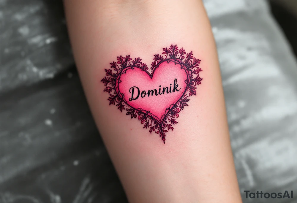 A solid pink heart with lace-like details and the name Dominik in script. tattoo idea