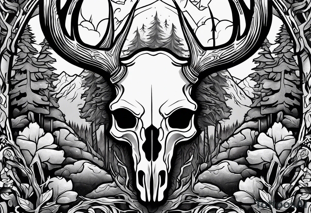 A frightening horror DECAYING deer skull JUST BONE surrounded by a forest fire in background tattoo idea
