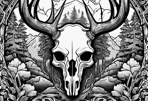 A frightening horror DECAYING deer skull JUST BONE surrounded by a forest fire in background tattoo idea