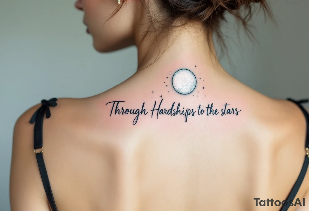 Flowing in teal ink across the spine, “Through Hardships to the stars” is crowned with a glowing white moon. tattoo idea