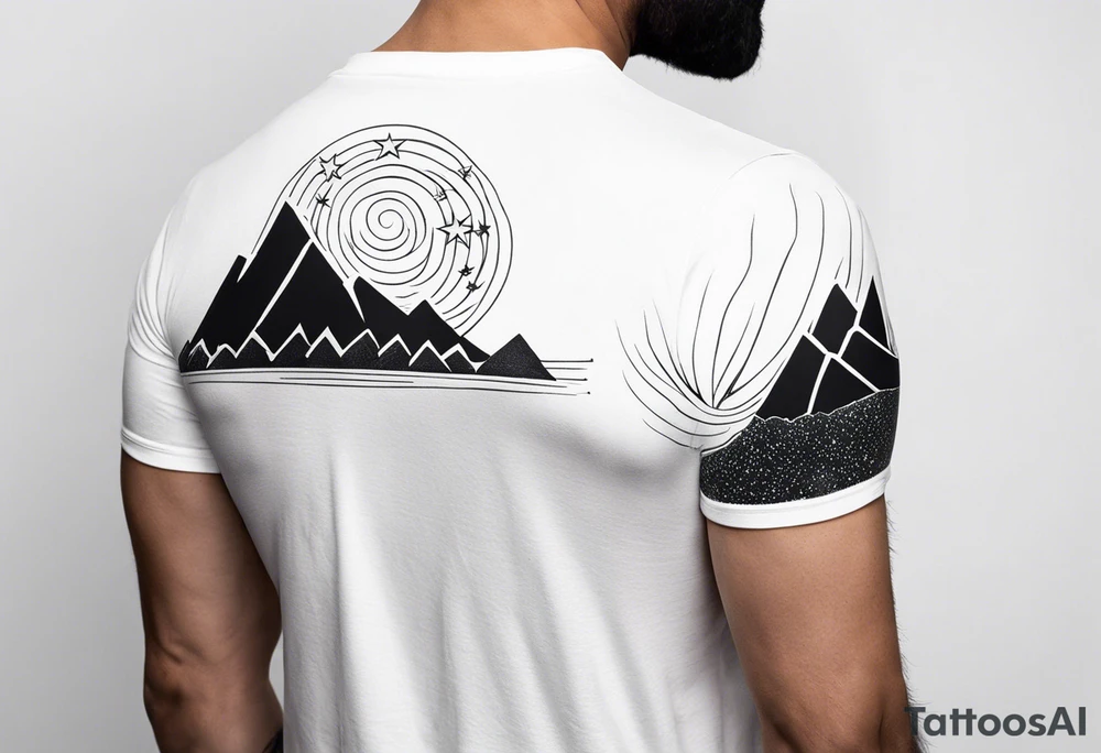 complete upper arm sleeve. Three Peaks, Three Stars, Swords, and Vines: Create a minimalistic fine line tattoo for a right upper arm half sleeve. Feature three rugged mountain peaks, each topped with a simple star. Emphasize crossed swords, integrating with abstract, feather-like patterns that evoke the Valkyrie spirit. Keep the design in clean, simple lines, emphasizing the serene and mystical qualities without text. tattoo idea