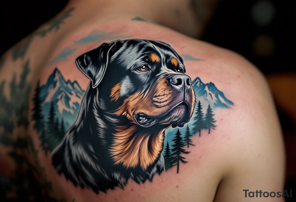 Majestic Rottweiler with Mountain Scenery – A proud Rottweiler gazing over mountain peaks and pine trees. Earth-toned fur, background in natural blues and greens. tattoo idea