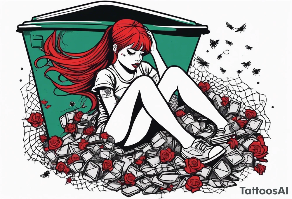 Dead girl with fishnet stockings and red hair with pig tails inside of a trash can with flies buzzing around tattoo idea