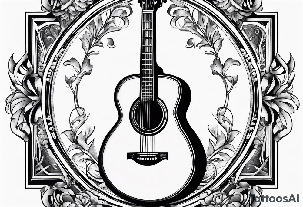 detailed christian cross with acoustic guitar tattoo idea