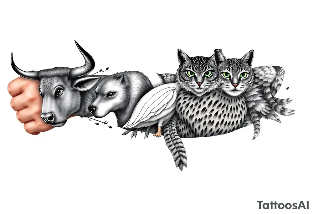 Animals, bull, dog, swan, owl, cat, tattoo idea