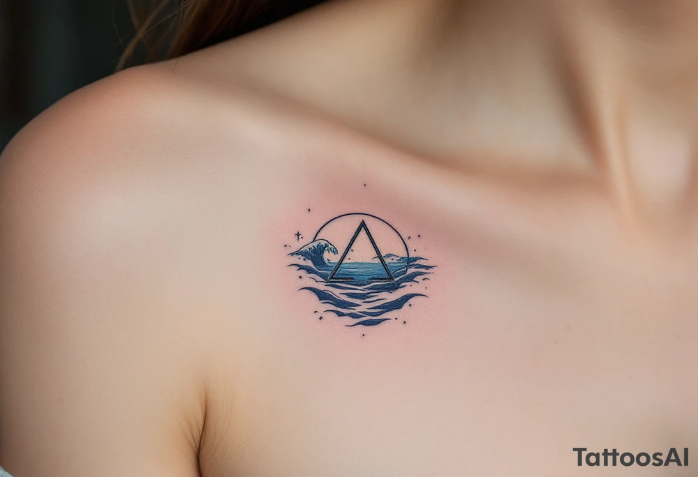 A pentagram submerged in dark water, with tiny waves and blue accents tattoo idea