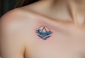 A pentagram submerged in dark water, with tiny waves and blue accents tattoo idea