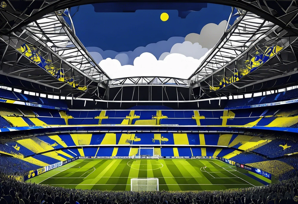 Fenerbahce Istanbul stadium from outside with blue details and over them a big yellow canary tattoo idea