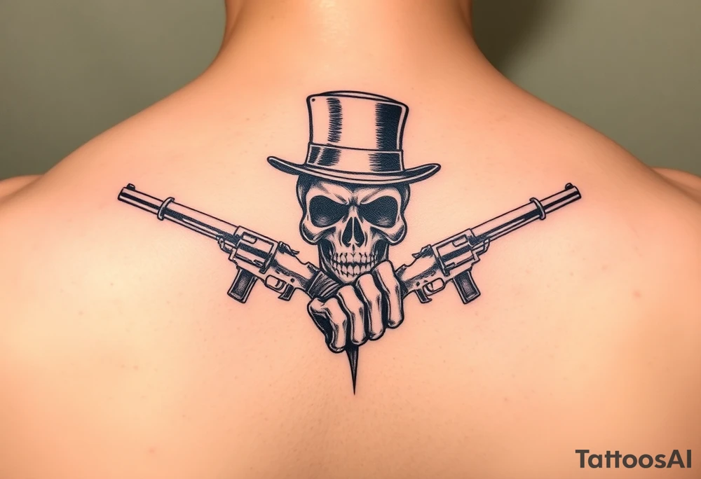 voodoo skull, top hat, dead mans card hand, six guns tattoo idea