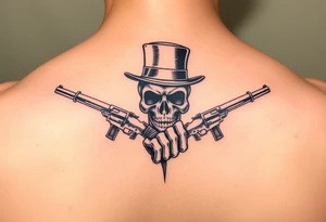 voodoo skull, top hat, dead mans card hand, six guns tattoo idea