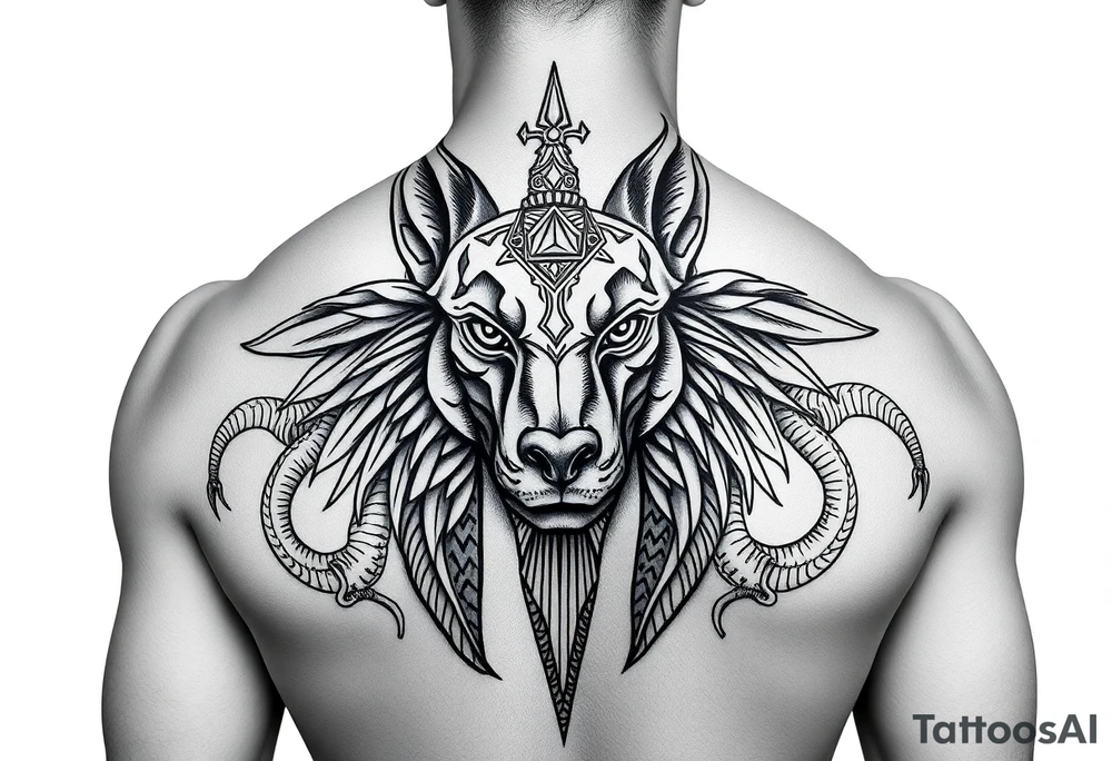 Egyptian Anubis god face muscle in Egypt style dog face surrounded Egyptian symbols and snakes full back tattoo idea