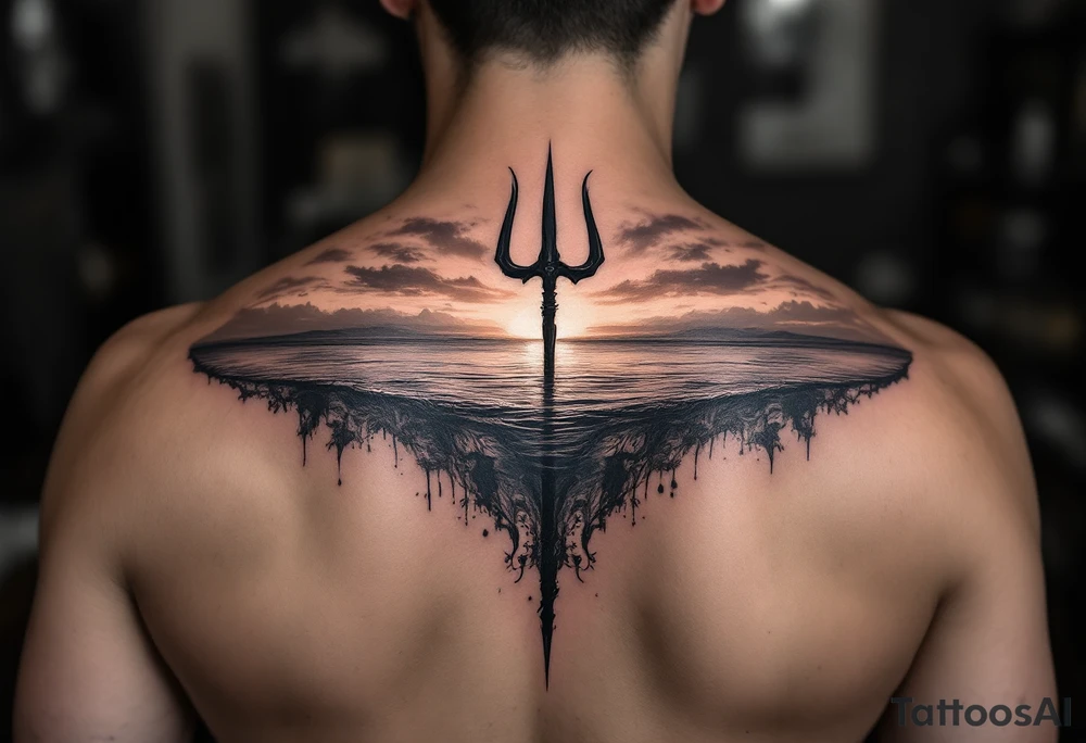 trident half way under calm water with sunset tattoo idea