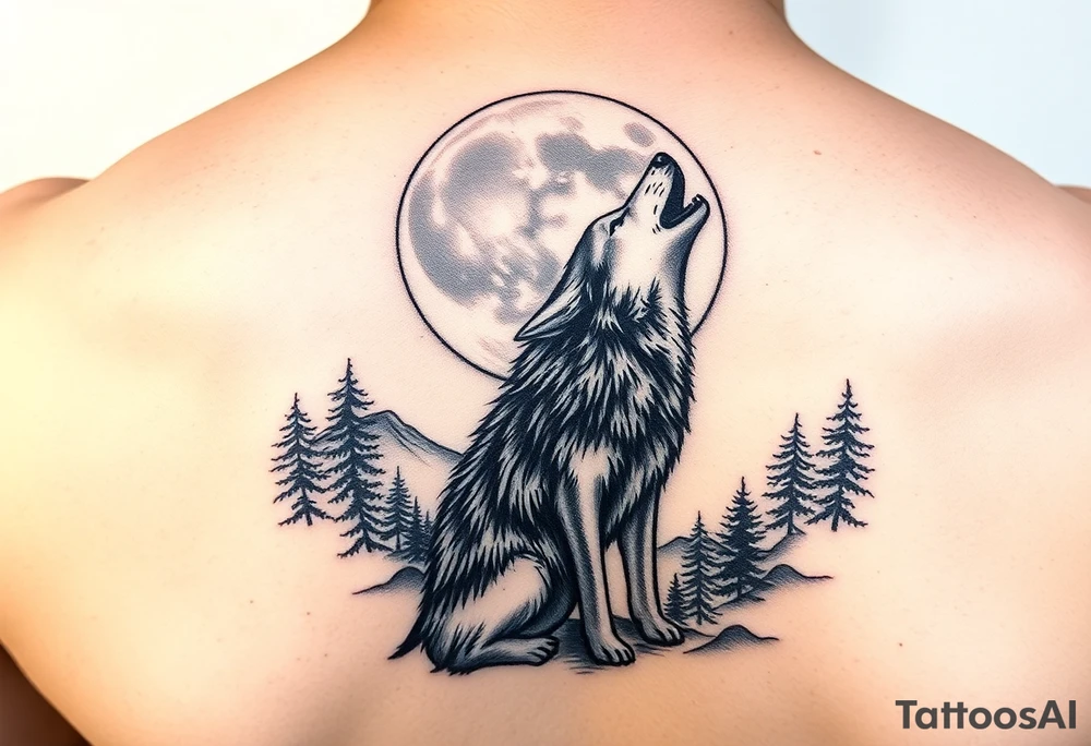 lone wolf howling at full moon with northern lights backdrop tattoo idea
