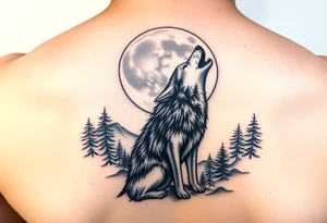 lone wolf howling at full moon with northern lights backdrop tattoo idea