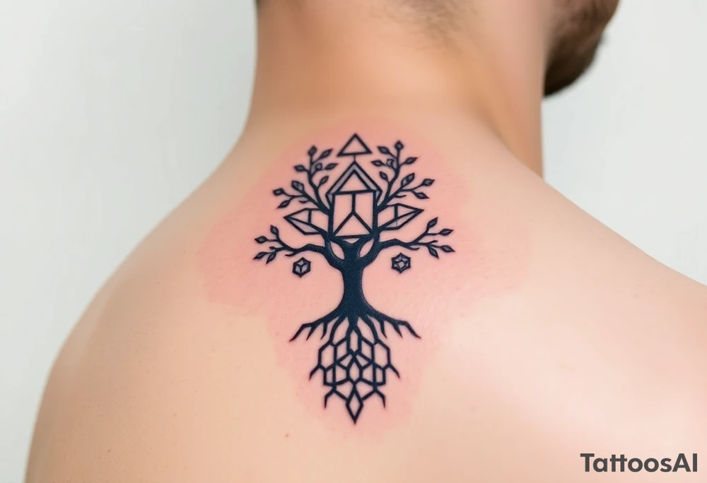 A geometric family tree with deep root interconnected triangles and hexagons, reflecting the strong foundation of ancestry tattoo idea