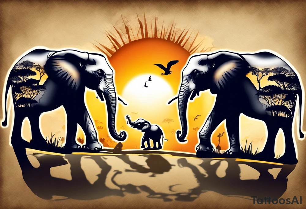 “AI, can you create a unique tattoo design for me? I envision three elephants – a small one in the front, the dad behind, and the mom behind the dad. I’d like the background to feature a rising sun and an African tree. Feel free to add your artistic touch and details to make it special.” tattoo idea