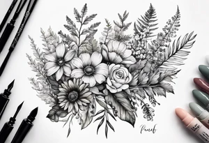 Handful of wild flowers with ferns all watercolor tattoo idea