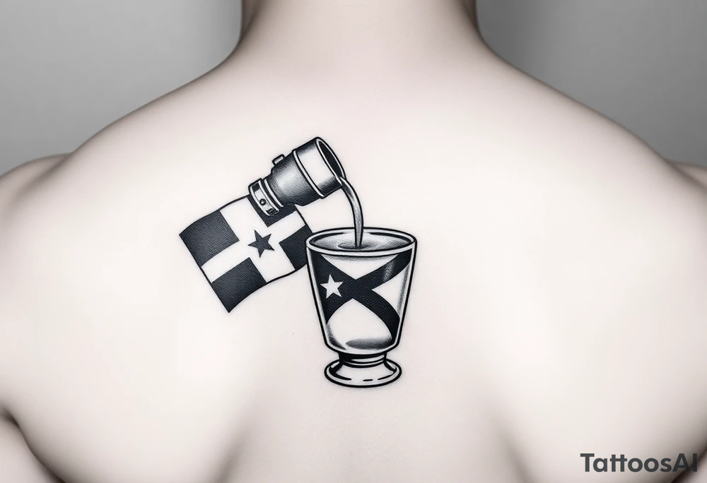 A simple greca with a Dominican Republic flag, tipped to pour coffee into a small Cuban coffee glass with a Cuban flag. Using shading to make the tattoo pop. tattoo idea