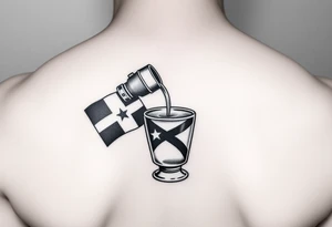 A simple greca with a Dominican Republic flag, tipped to pour coffee into a small Cuban coffee glass with a Cuban flag. Using shading to make the tattoo pop. tattoo idea