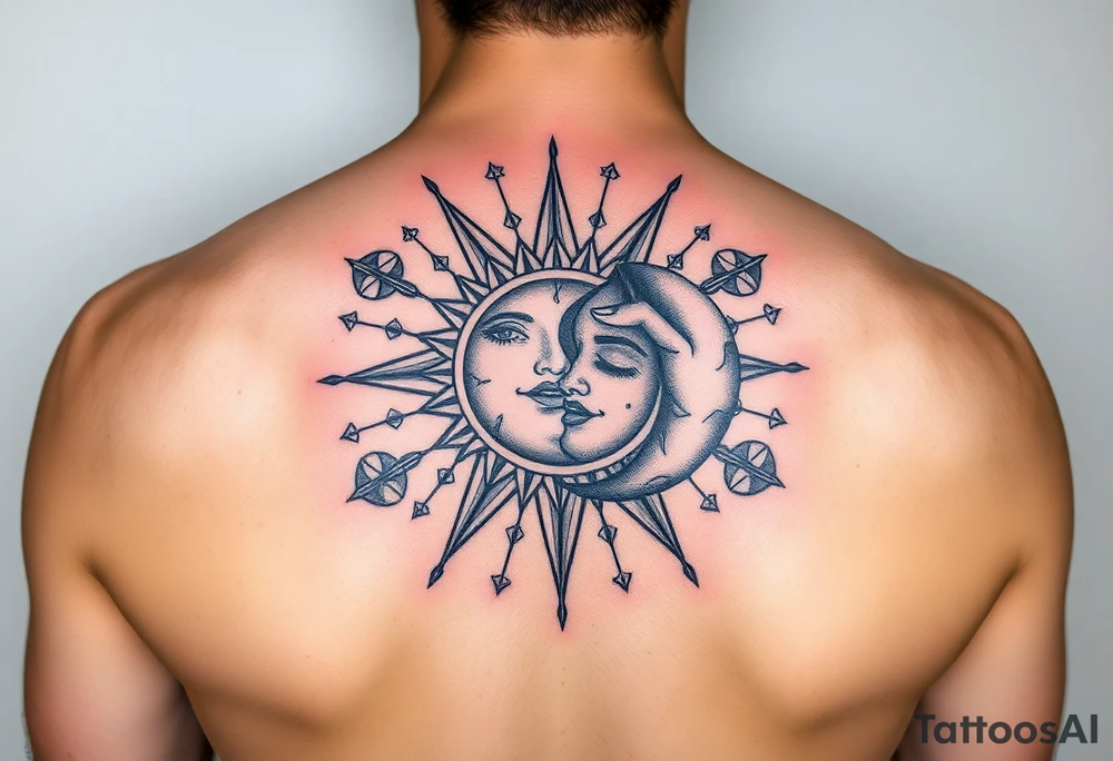 celestial sun and moon embrace with constellation patterns tattoo idea