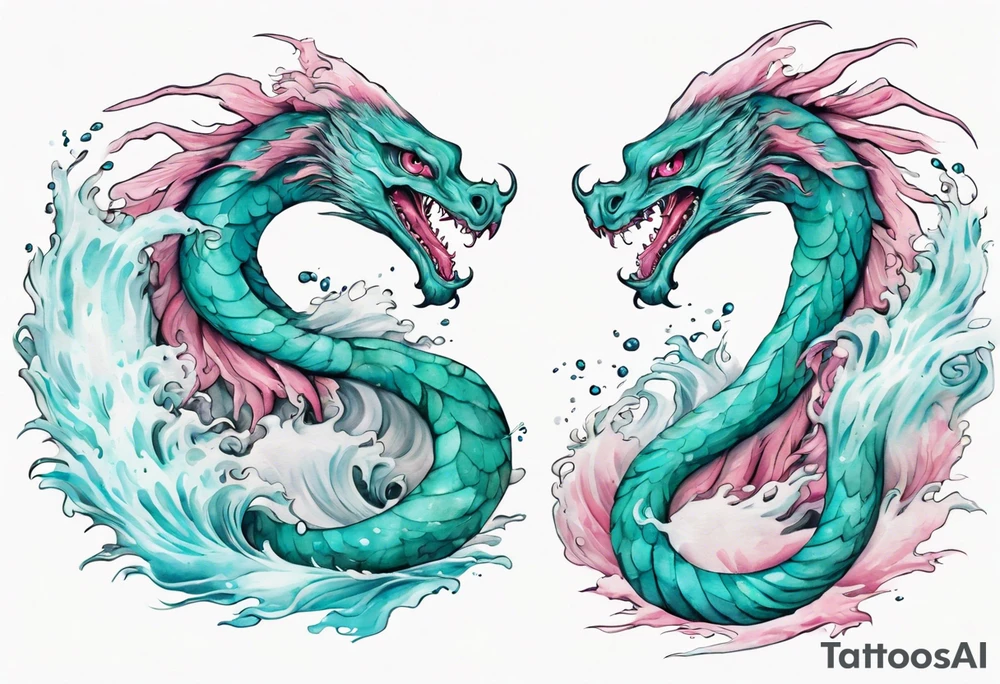 a turquoise and white and pink feathered sea serpent with beautiful eyes emerging from the stormy sea tattoo idea