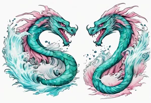 a turquoise and white and pink feathered sea serpent with beautiful eyes emerging from the stormy sea tattoo idea