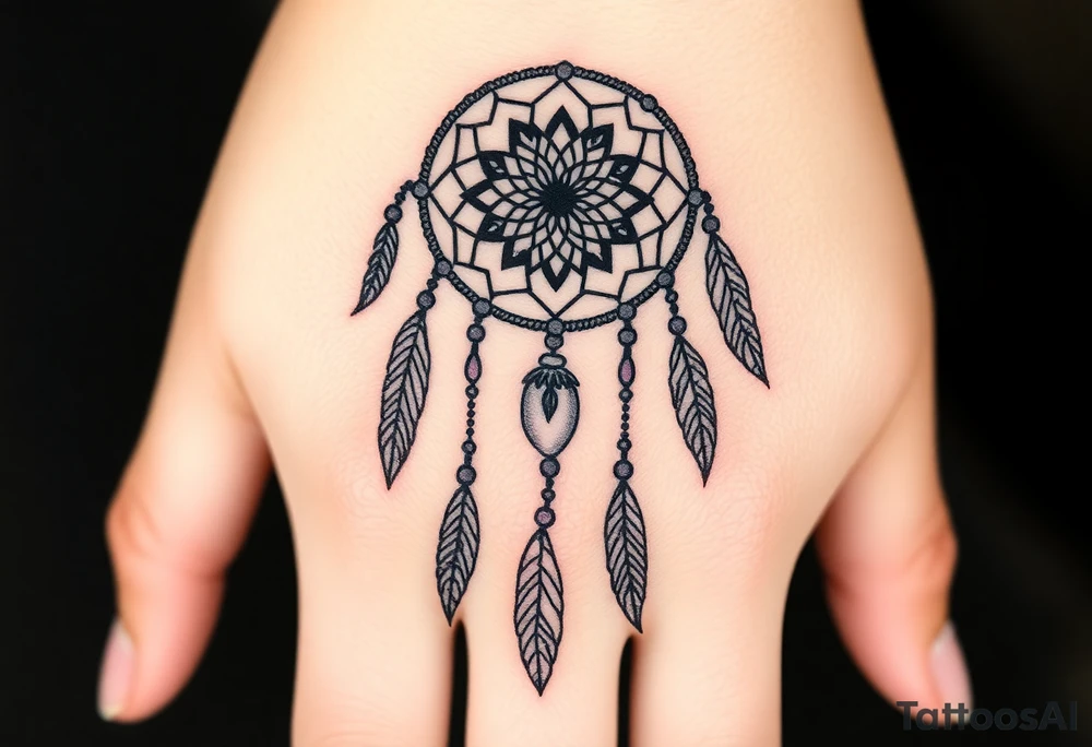 native dreamcatcher with flowing feathers and sacred beads tattoo idea